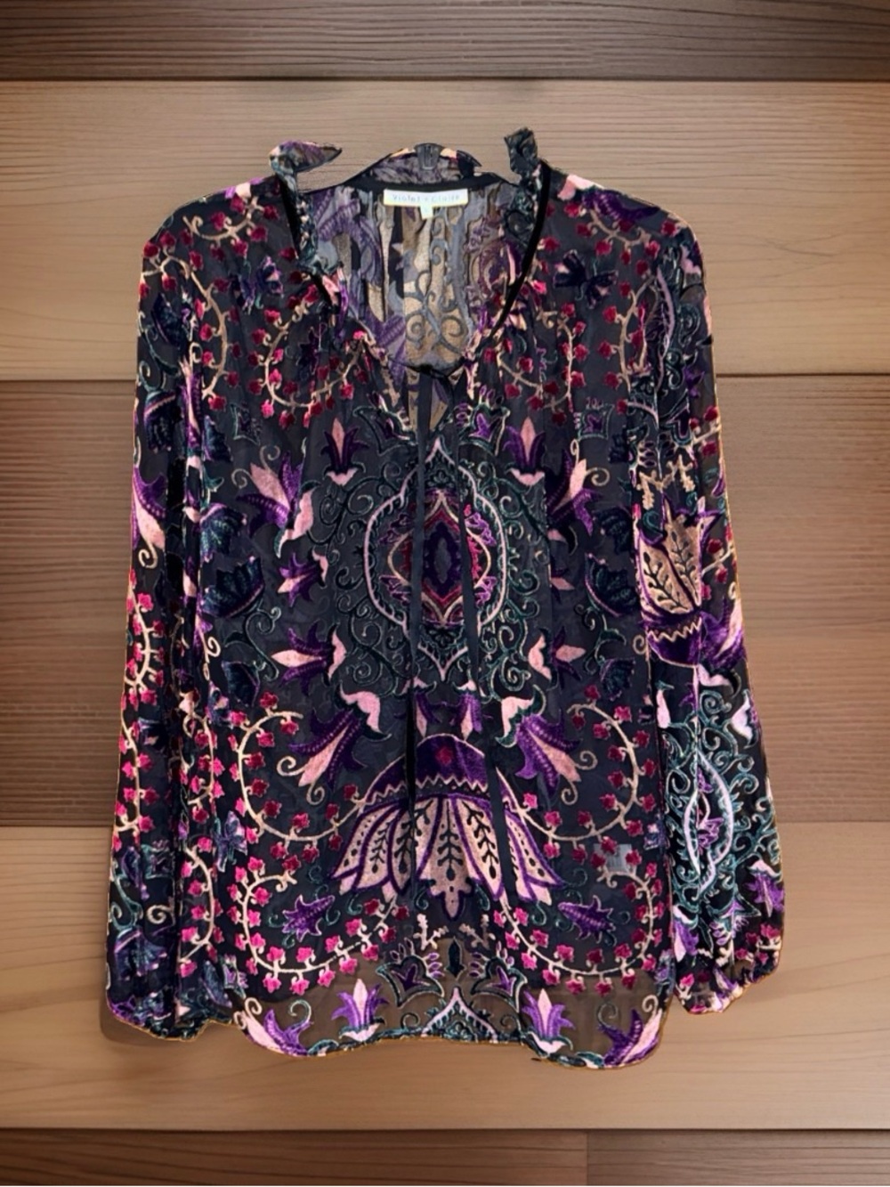 Violet & Claire Velvet Paisley Tie-Neck Blouse - Black & Purple